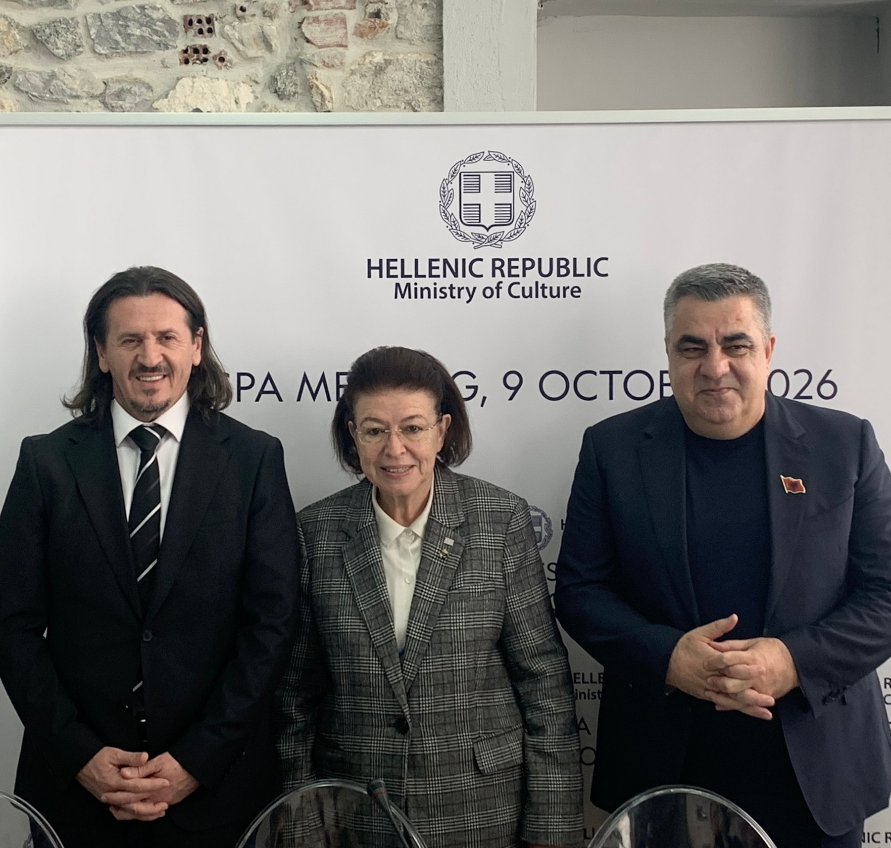 Οι τρεις Υπουργοί Πολιτισμού. Από αριστερά Sedat Sulejmani, Λίνα Μενδώνη, Blendi Gonxhja